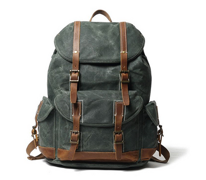 Waxed Canvas Backpack with Genuine Leather and Brass Hardware