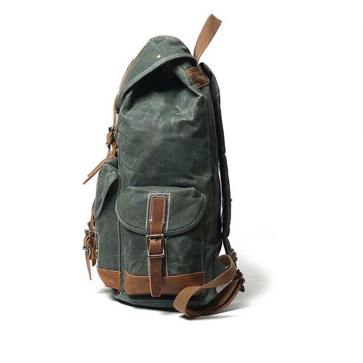 Waxed Canvas Backpack with Genuine Leather and Brass Hardware