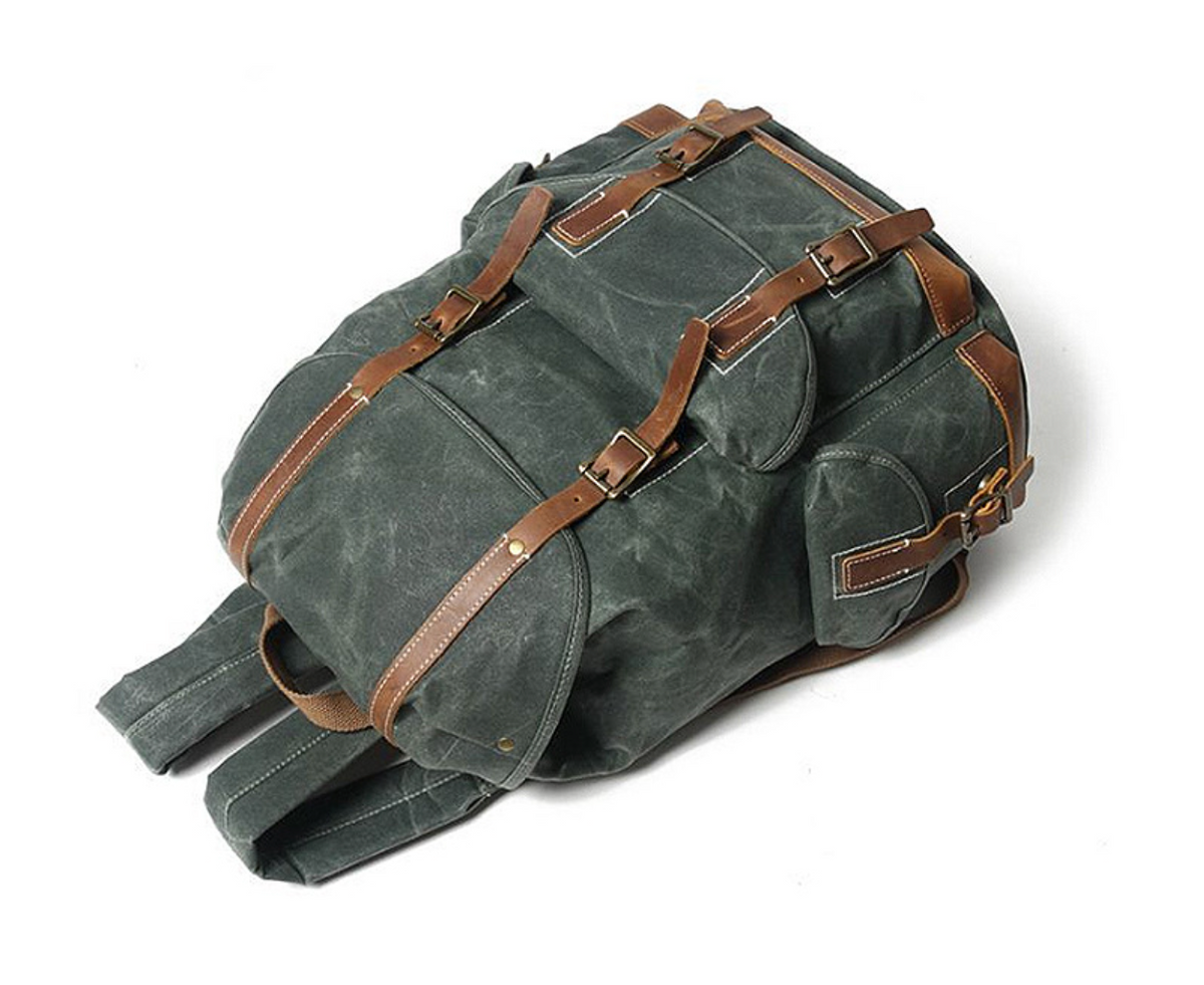 Waxed Canvas Backpack with Genuine Leather and Brass Hardware