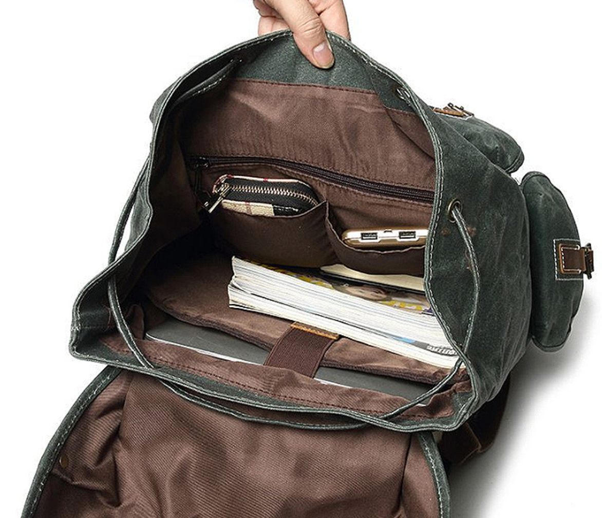 Waxed Canvas Backpack with Genuine Leather and Brass Hardware