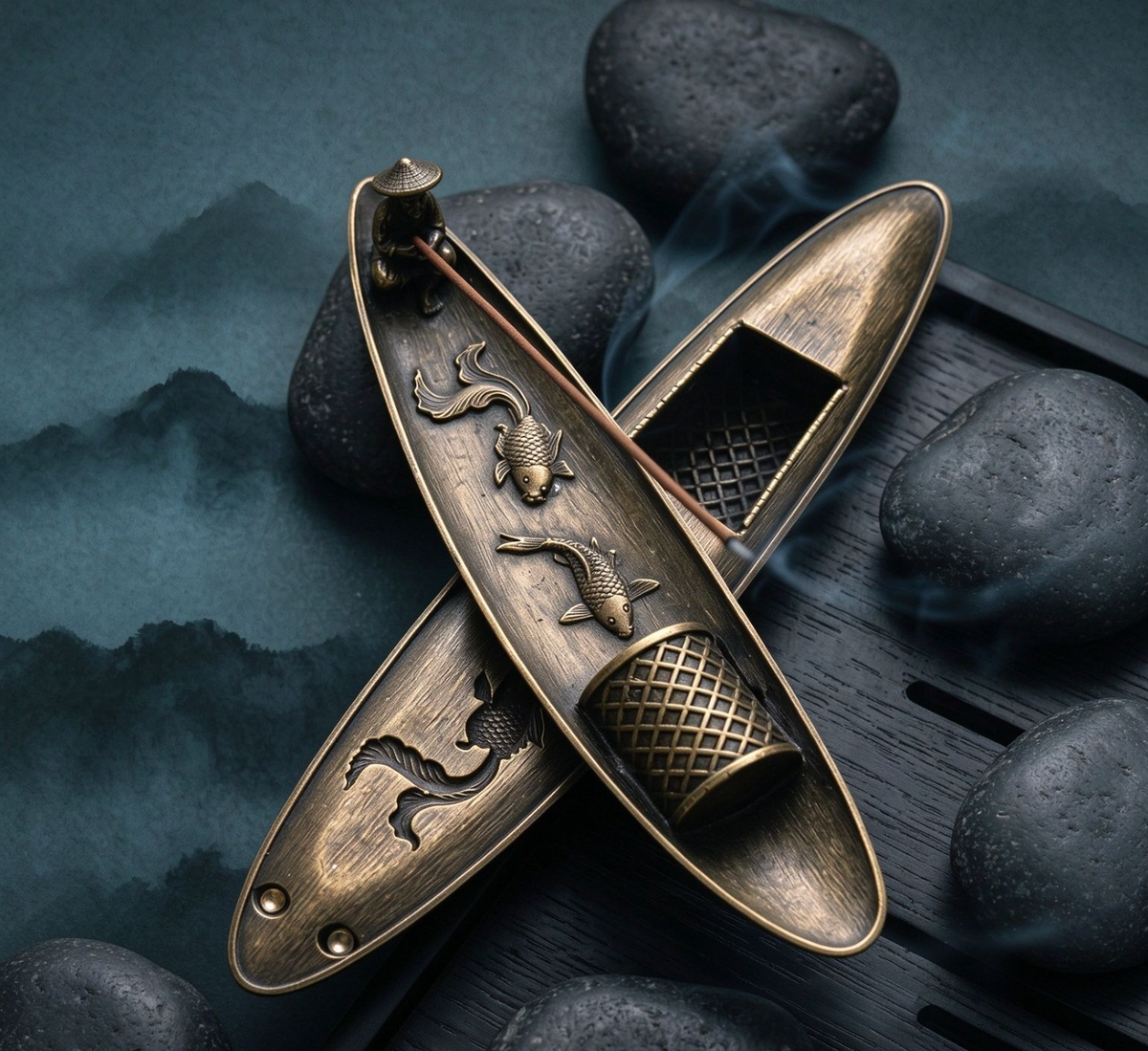 Stick Incense Holder with Fisherman Design and Ash Catching Tray
