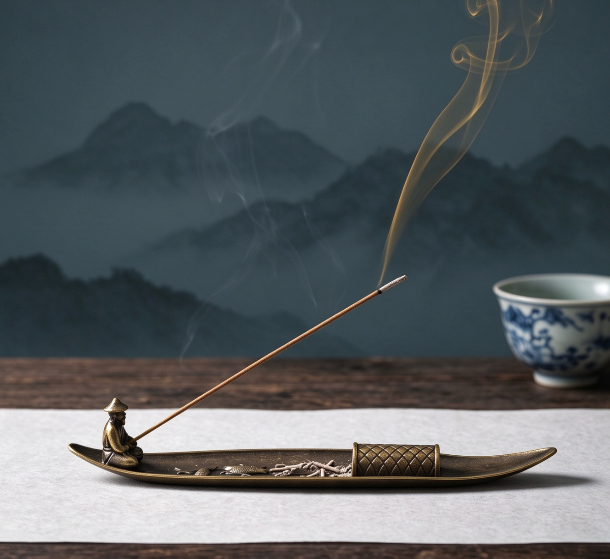 Stick Incense Holder with Fisherman Design and Ash Catching Tray