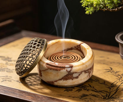 Marble Incense Burner with Decorative Metal Dome for Home Decor