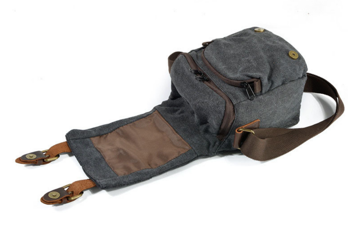 Small Canvas Messenger Bag with Padded Camera Divider and Leather Buckles