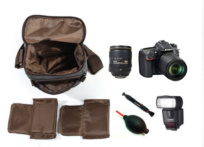 Small Canvas Messenger Bag with Padded Camera Divider and Leather Buckles