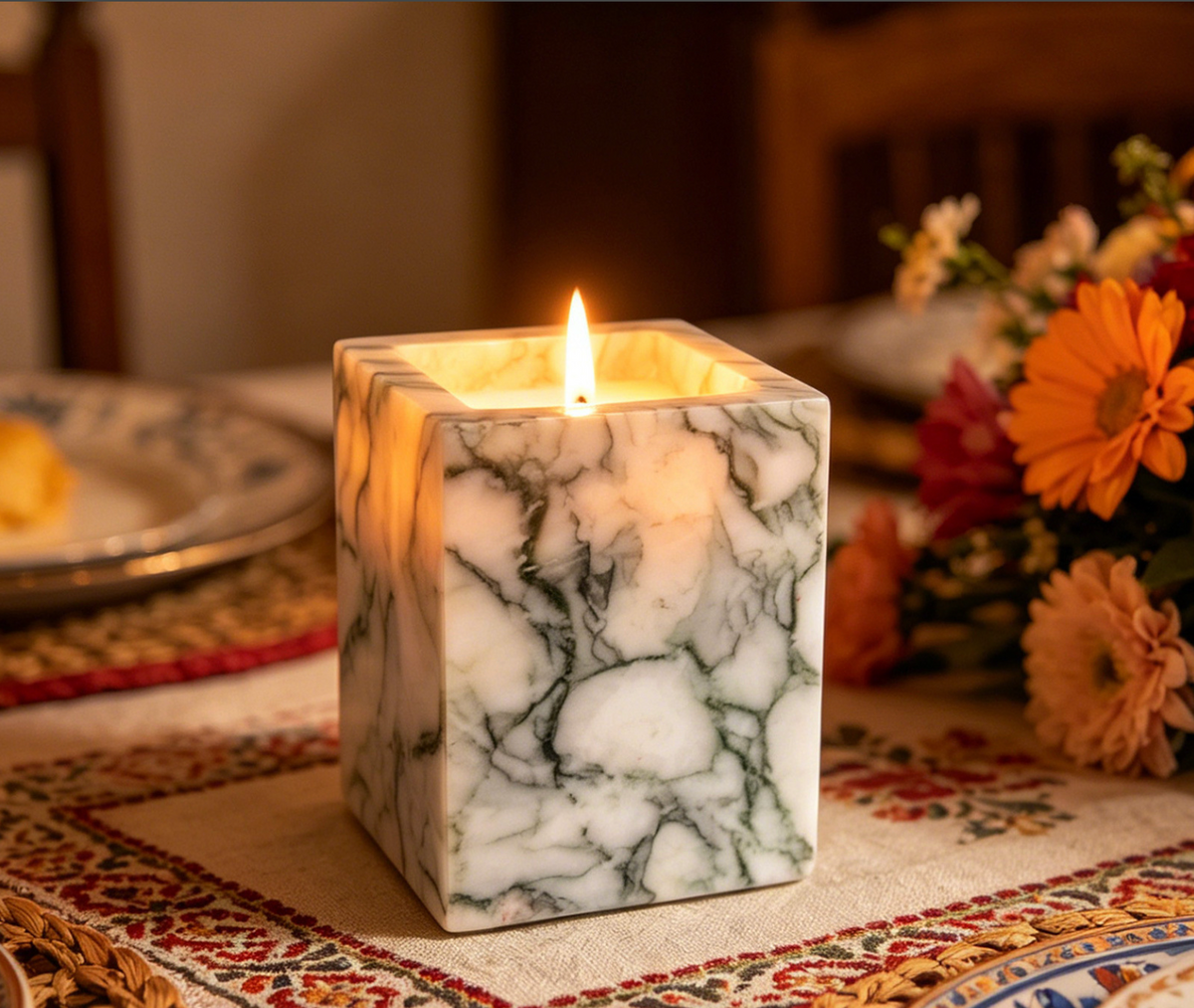 Green Veined Natural Marble Candle Holder with Square Open Top