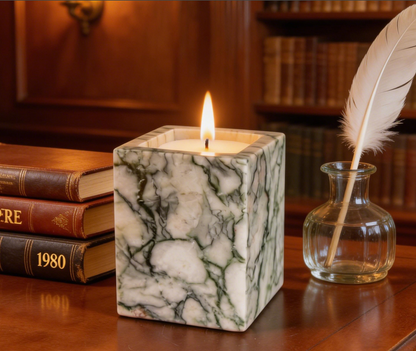 Green Veined Natural Marble Candle Holder with Square Open Top