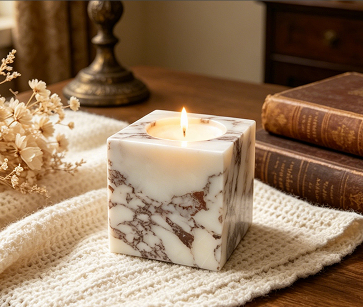 White Marble Cube Candle Holder with Dark Stone Veining
