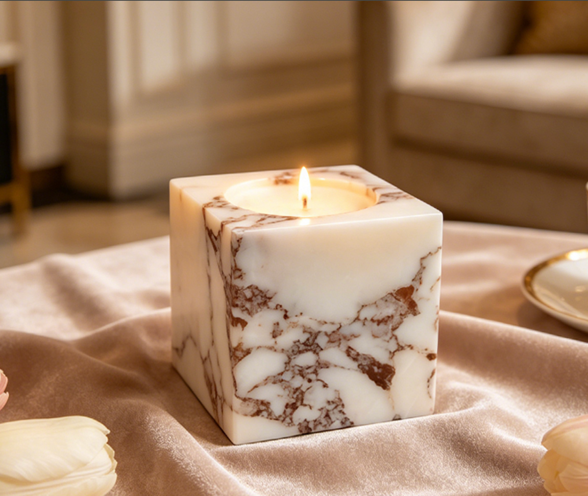 White Marble Cube Candle Holder with Dark Stone Veining