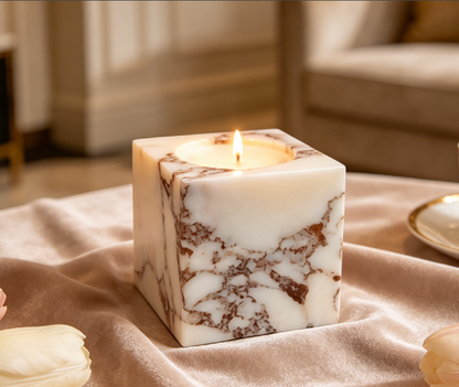 White Marble Cube Candle Holder with Dark Stone Veining