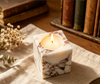 White Marble Cube Candle Holder with Dark Stone Veining