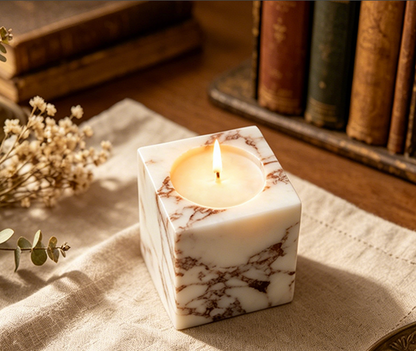 White Marble Cube Candle Holder with Dark Stone Veining