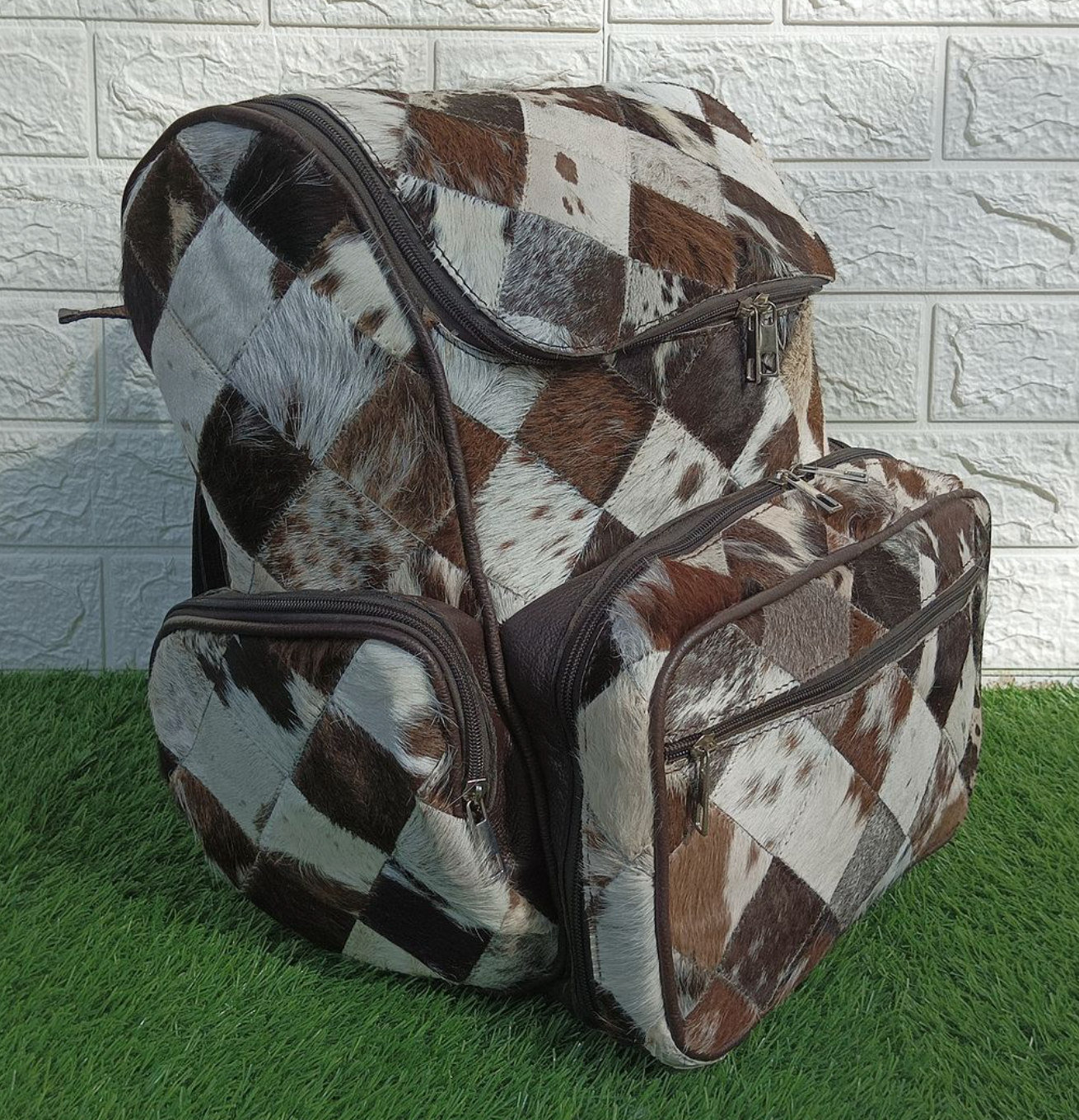 Cowhide patchwork backpack for travel and daily use 6