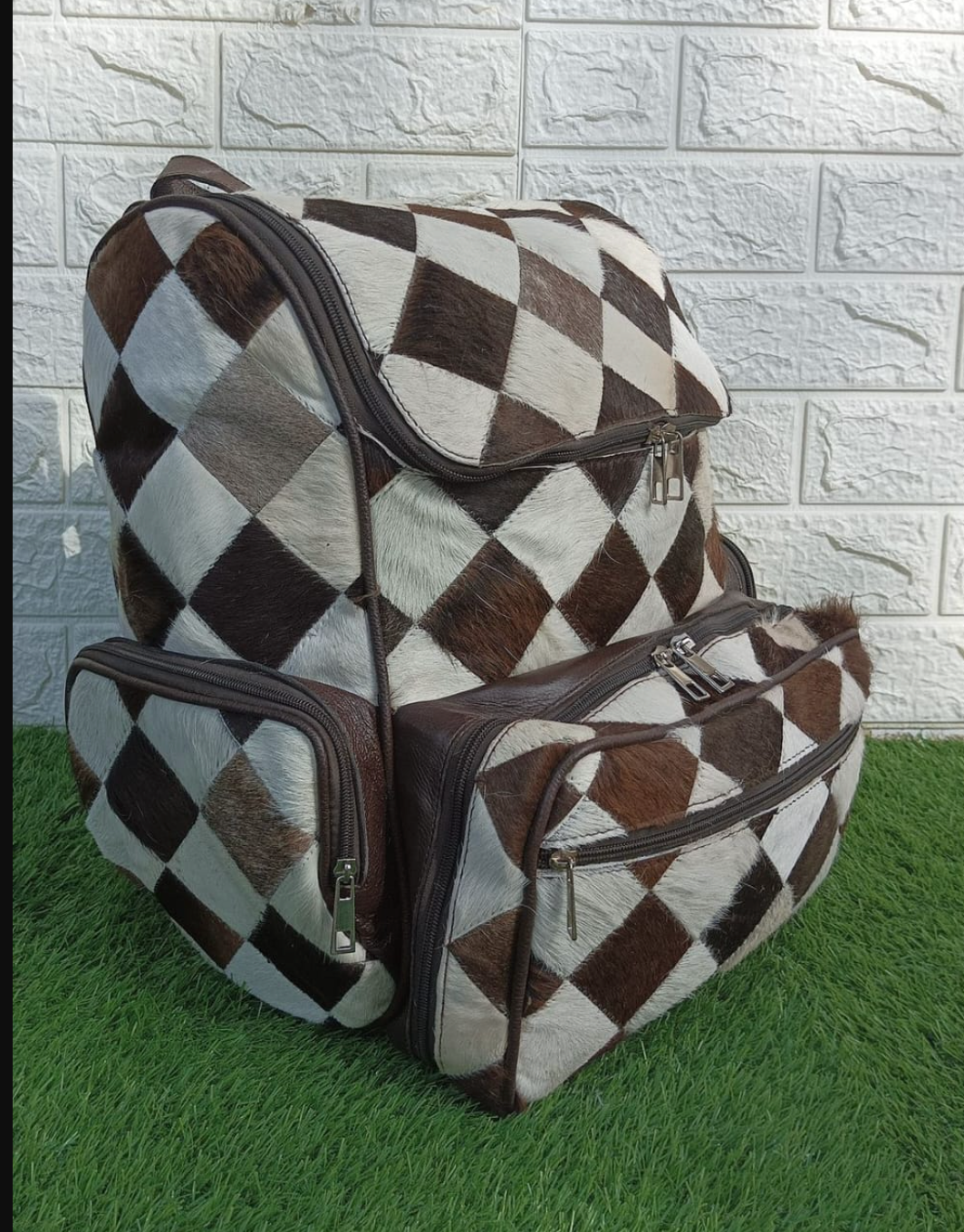 Cowhide patchwork backpack for travel and daily use 2