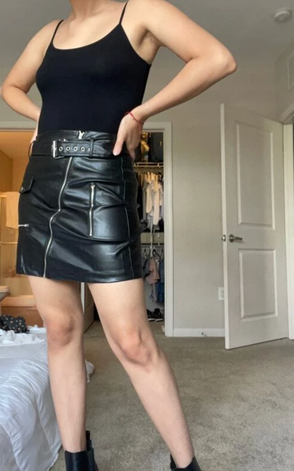 Genuine Leather Buckle Belted Mini Skirt