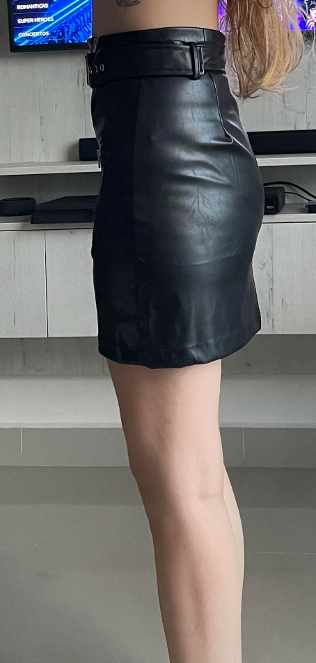 Genuine Leather Buckle Belted Mini Skirt