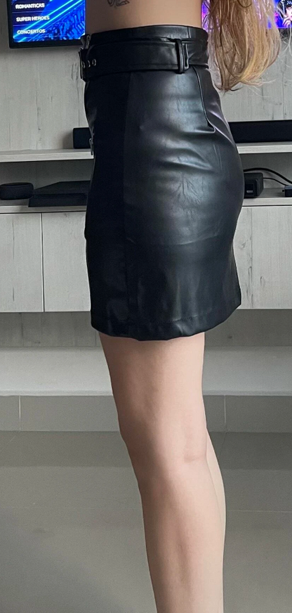 Genuine Leather Buckle Belted Mini Skirt