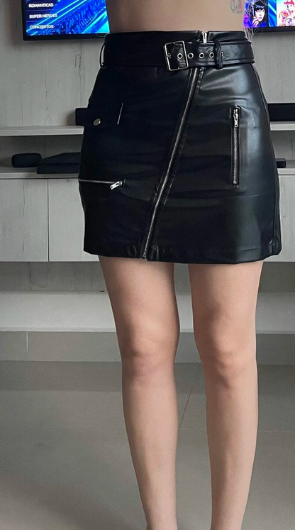 Genuine Leather Buckle Belted Mini Skirt