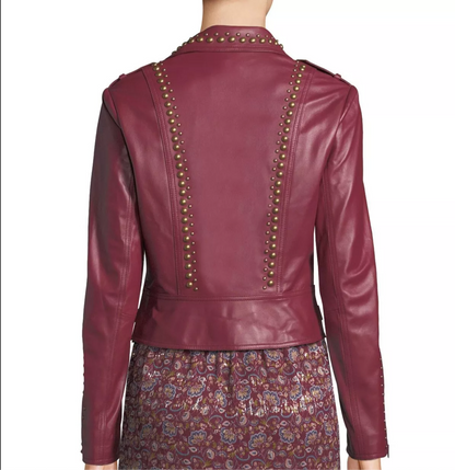 Women's Maroon Leather jacket Golden Studded