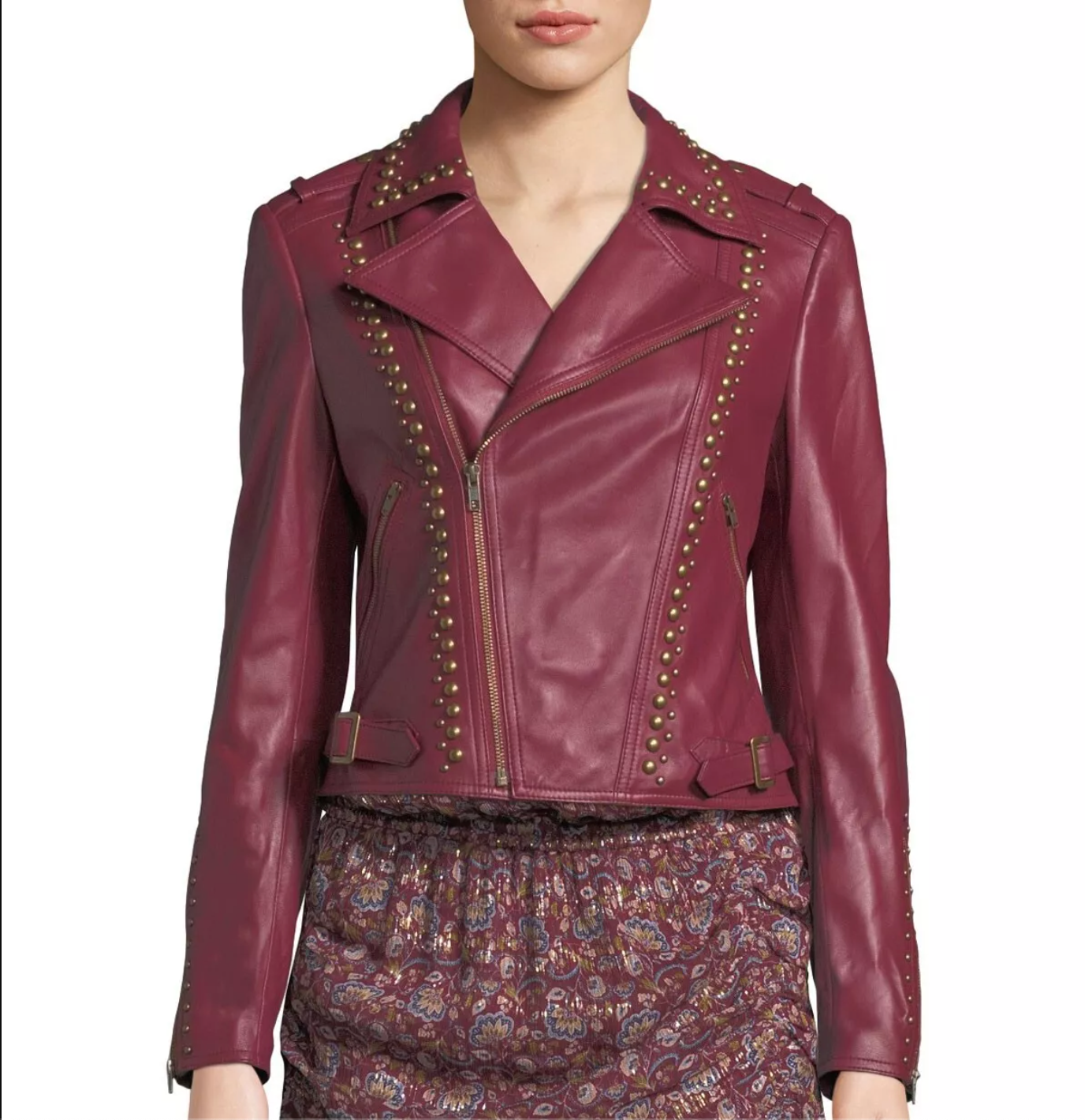 Women's Maroon Leather jacket Golden Studded