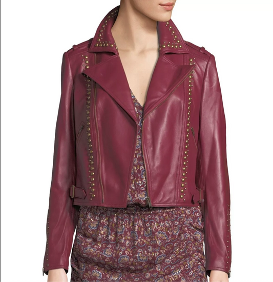 Women's Maroon Leather jacket Golden Studded