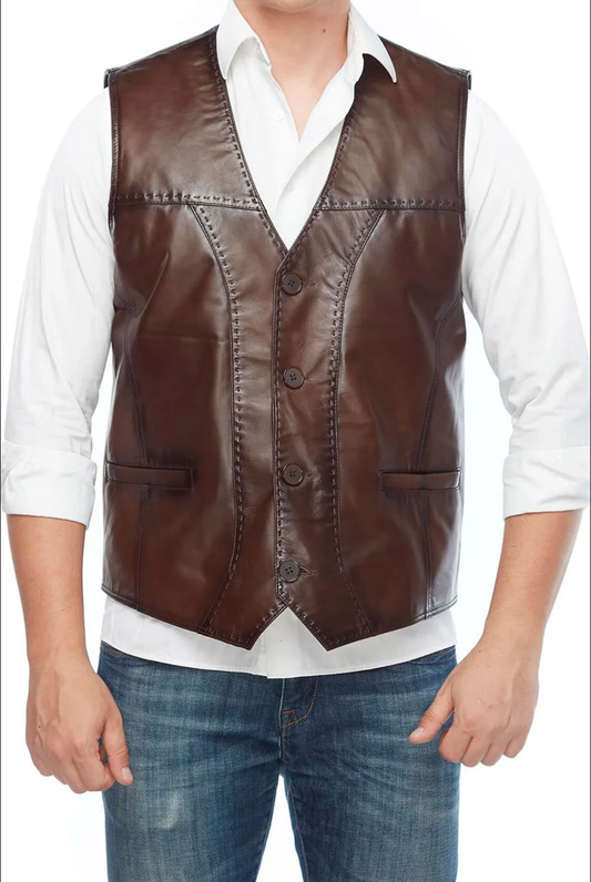 Men's Slim fit Brown Leather Vest