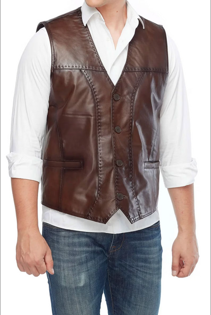 Men's Slim fit Brown Leather Vest