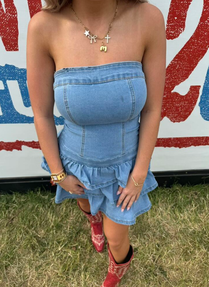 Mini short denim dress open back
