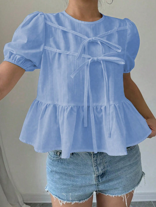 White Puff Sleeve Peplum Blouse with Bow Tie & Ruffle Hem