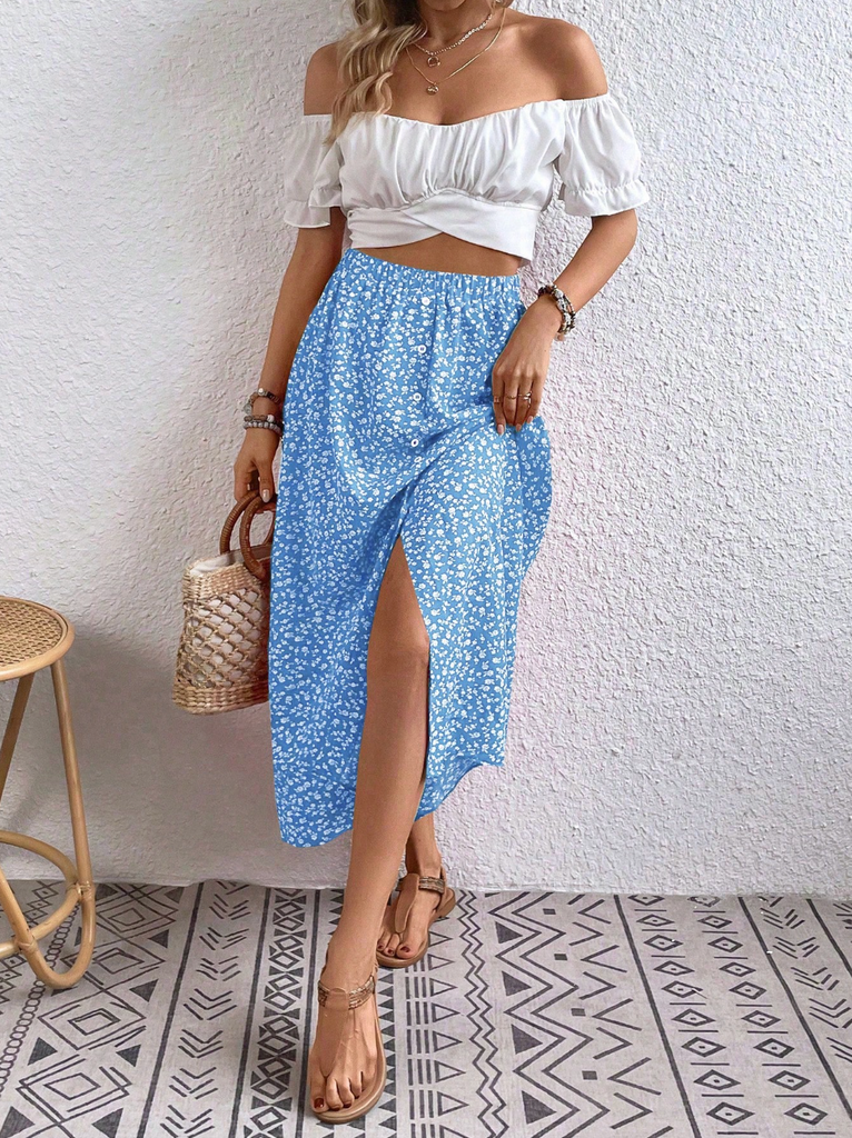 Ditsy Floral Print Elastic Waist Midi Skirt