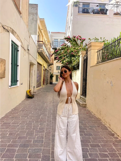 White Cotton Wide Leg Beach Pants for Women