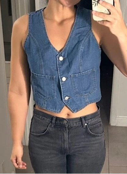 women sleeveless denim cropped vest casual