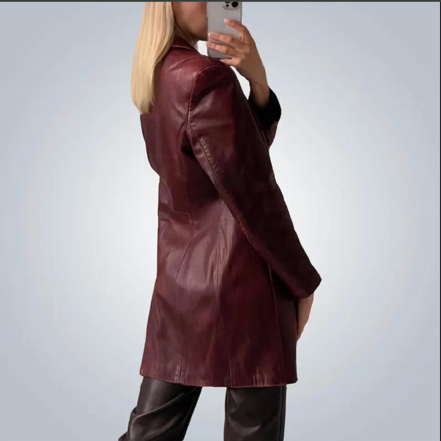 Women's Burgundy Leather Blazer Coat Long Jacket
