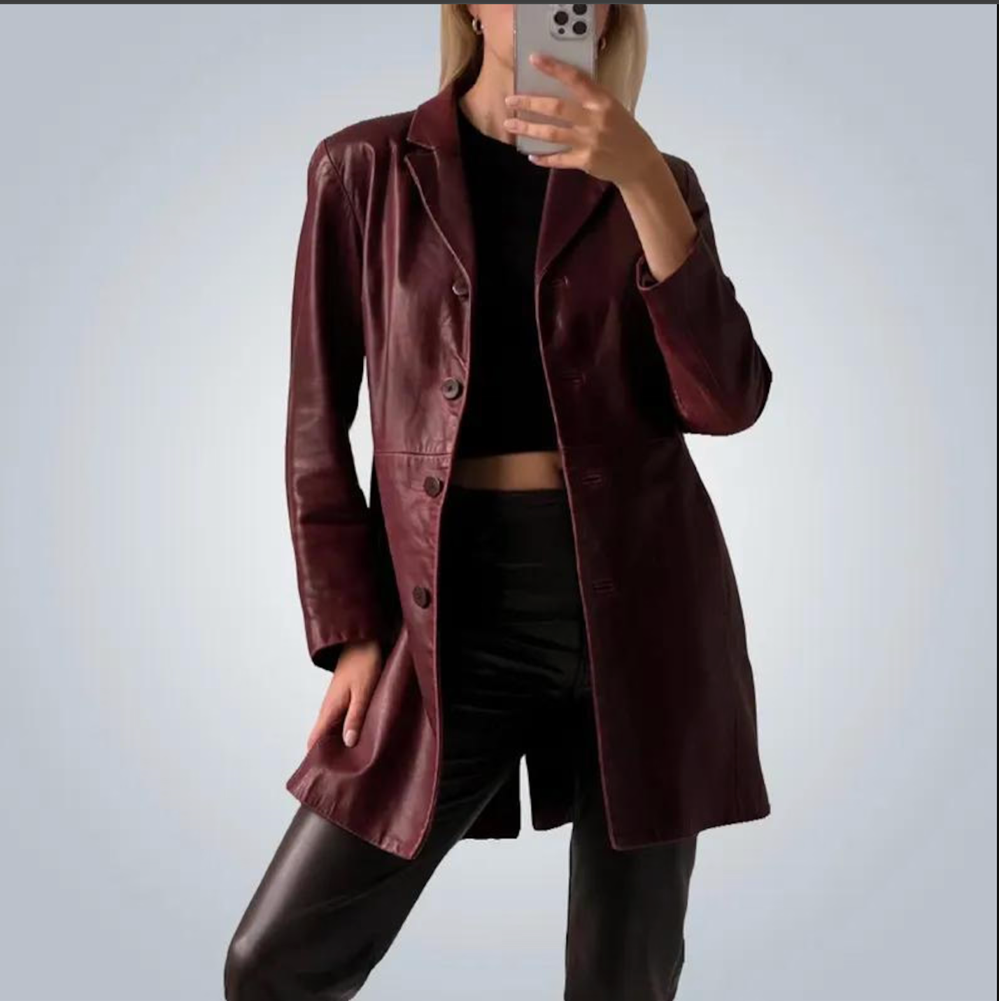 Women's Burgundy Leather Blazer Coat Long Jacket