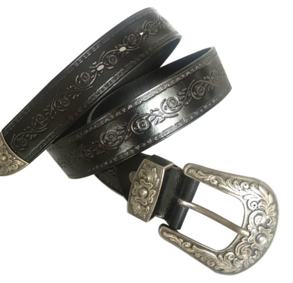 Embossed Genuine Leather Western Belt with Antique Buckle