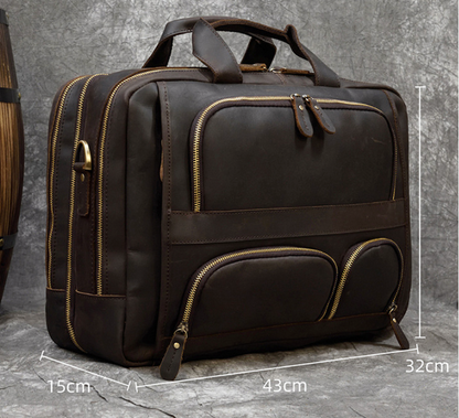 Genuine Leather Office Laptop Bag with Trolley Sleeve