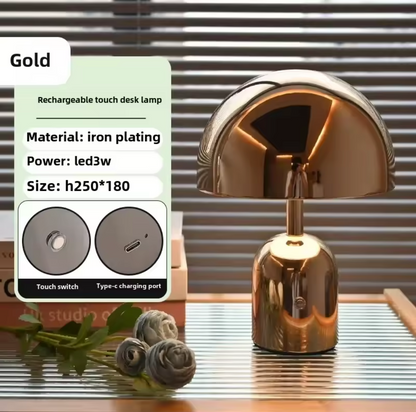 Rechargeable Chrome Mushroom Table Lamp For Bedroom & Desk