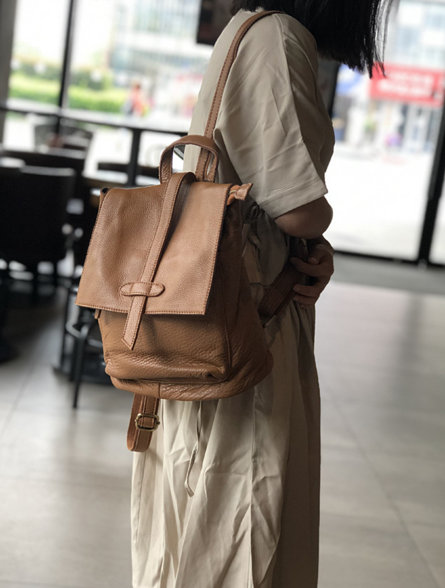 Black Leather Backpack for Women with Laptop Compartment