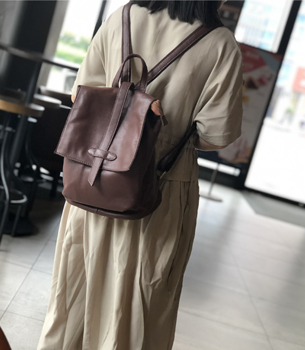 Black Leather Backpack for Women with Laptop Compartment