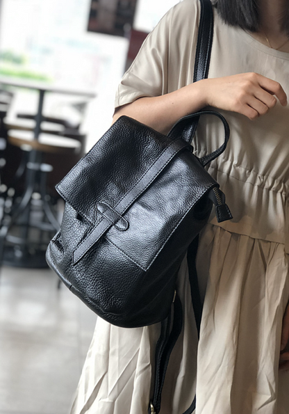 Black Leather Backpack for Women with Laptop Compartment