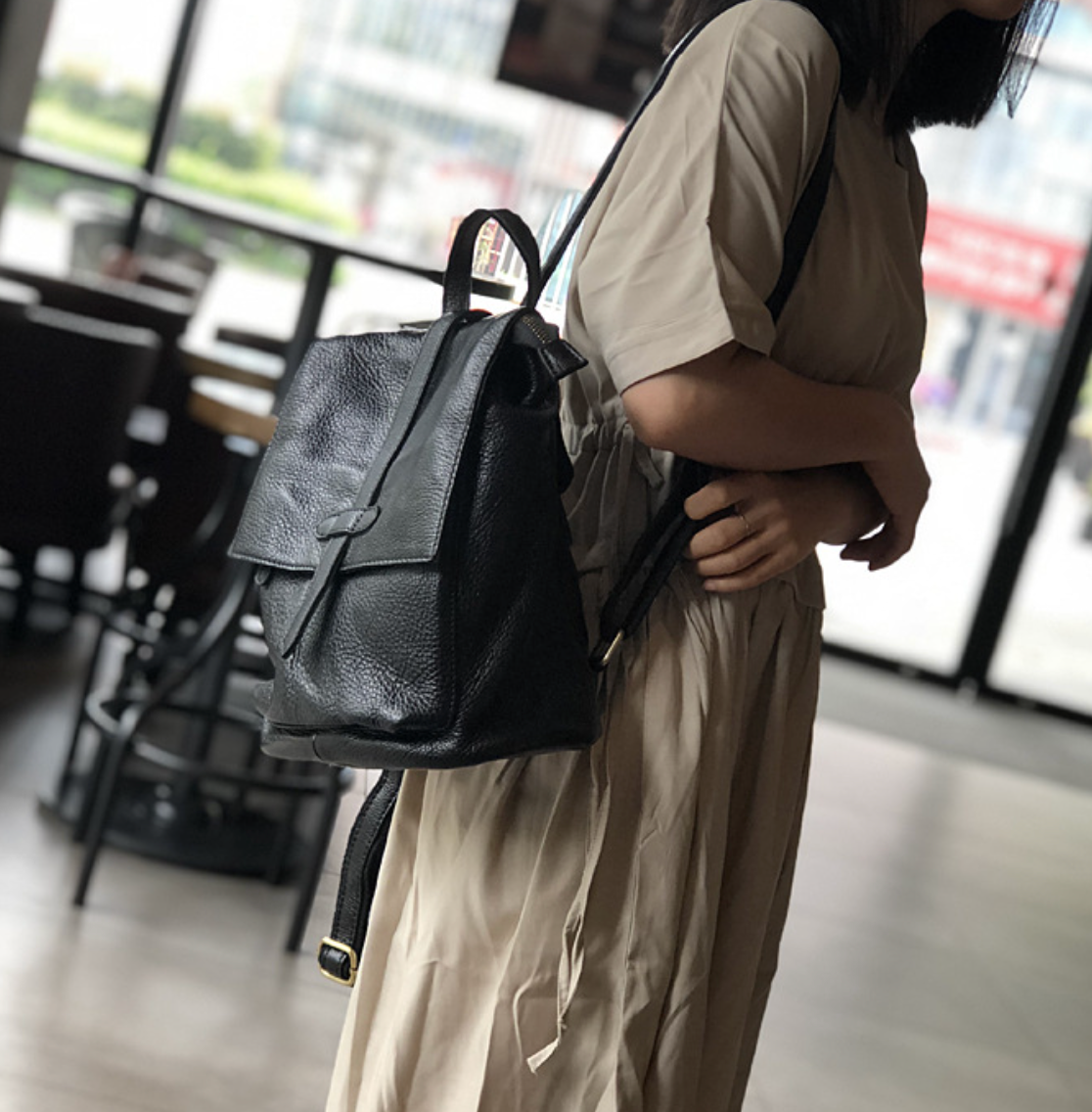 Black Leather Backpack for Women with Laptop Compartment