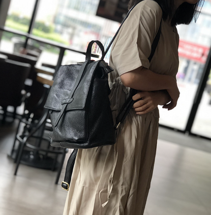 Black Leather Backpack for Women with Laptop Compartment