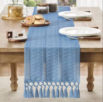 Cotton Linen Table Runner with Tassel Ends