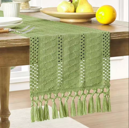 Cotton Linen Table Runner with Tassel Ends