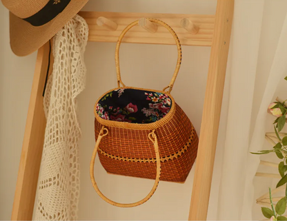 Handmade Bamboo Handbag Woven Basket Bag with Floral Lining