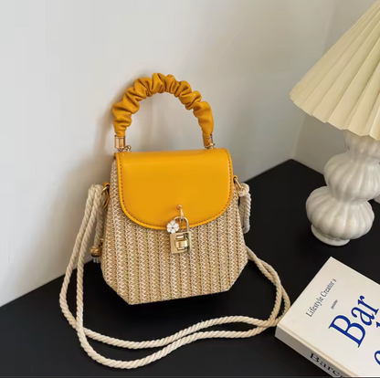 Straw Crossbody Purse with Brown Leather Flap
