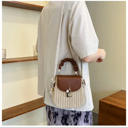 Straw Crossbody Purse with Brown Leather Flap