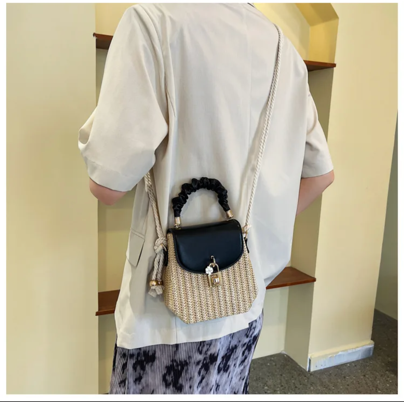 Straw Crossbody Purse with Brown Leather Flap