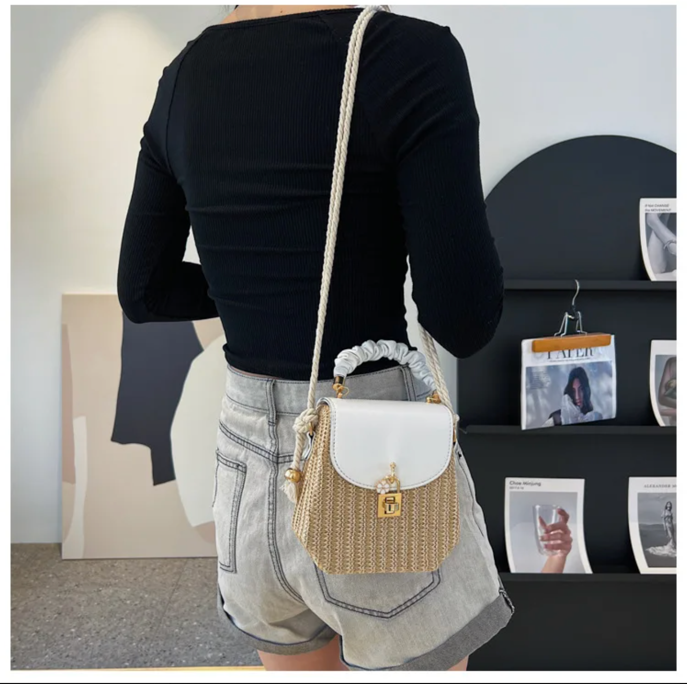 Straw Crossbody Purse with Brown Leather Flap