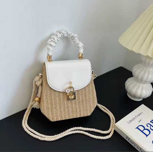 Straw Crossbody Purse with Brown Leather Flap